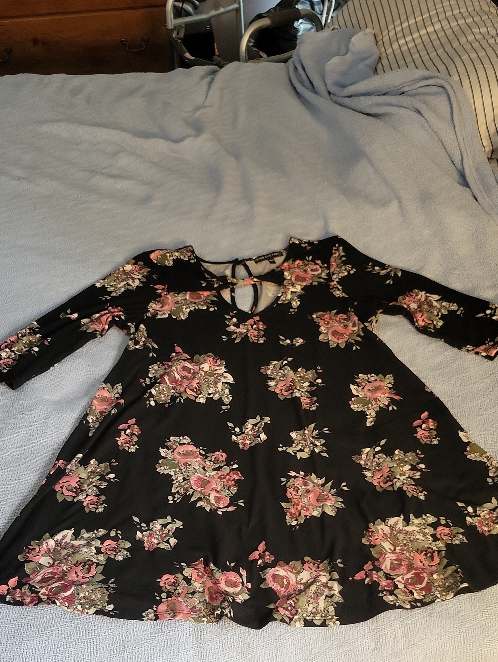 Three Hearts Black Floral Swing Dress with Pink Roses